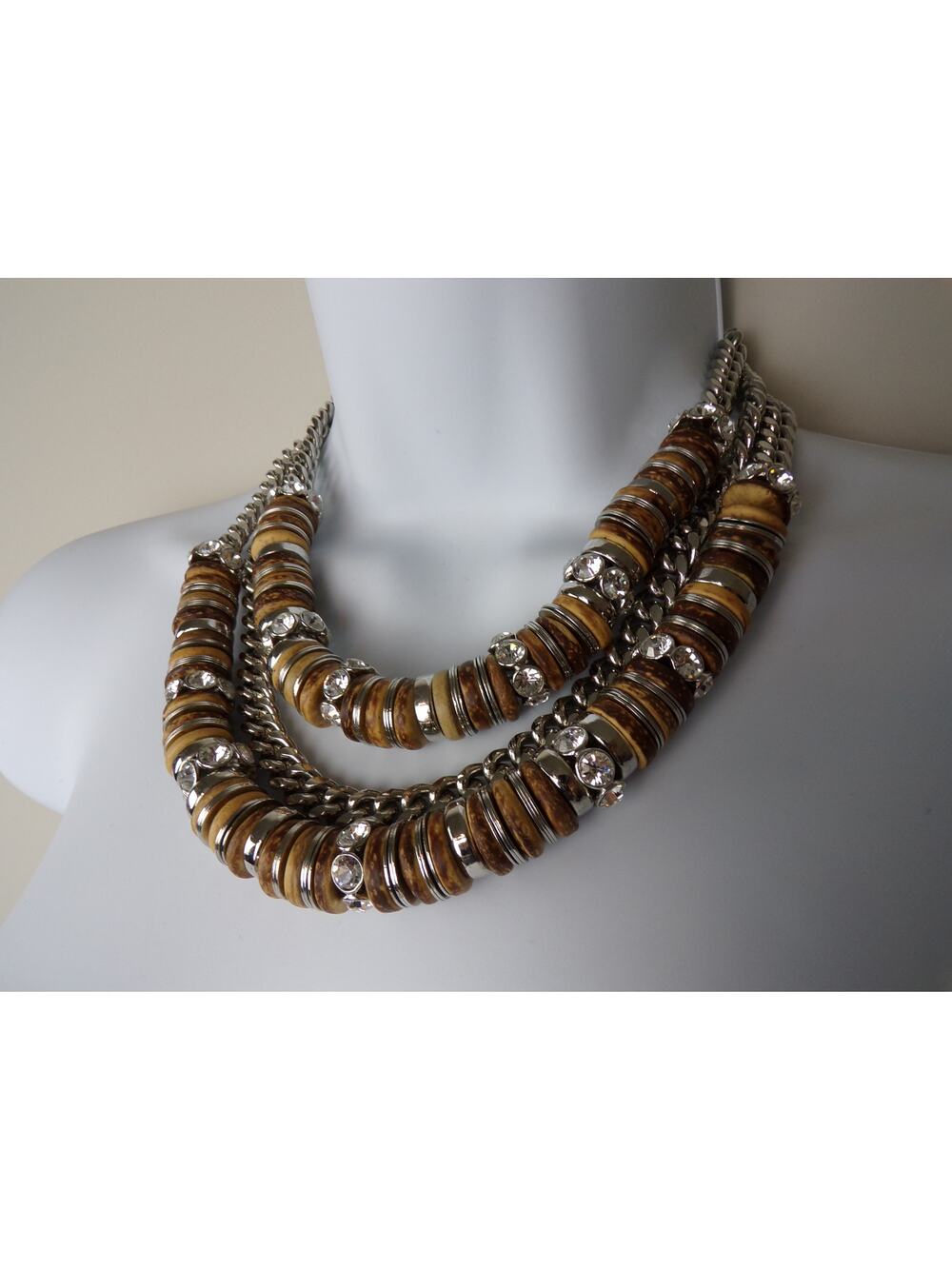 Givenchy Silver Crystal/Wood Chain Link Bead Layered Necklace